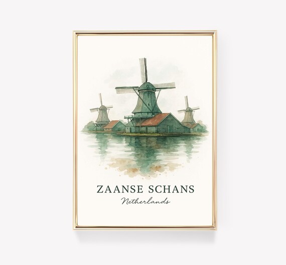 Zaanse Schans Netherlands Dutch Windmills Watercolor Travel Poster