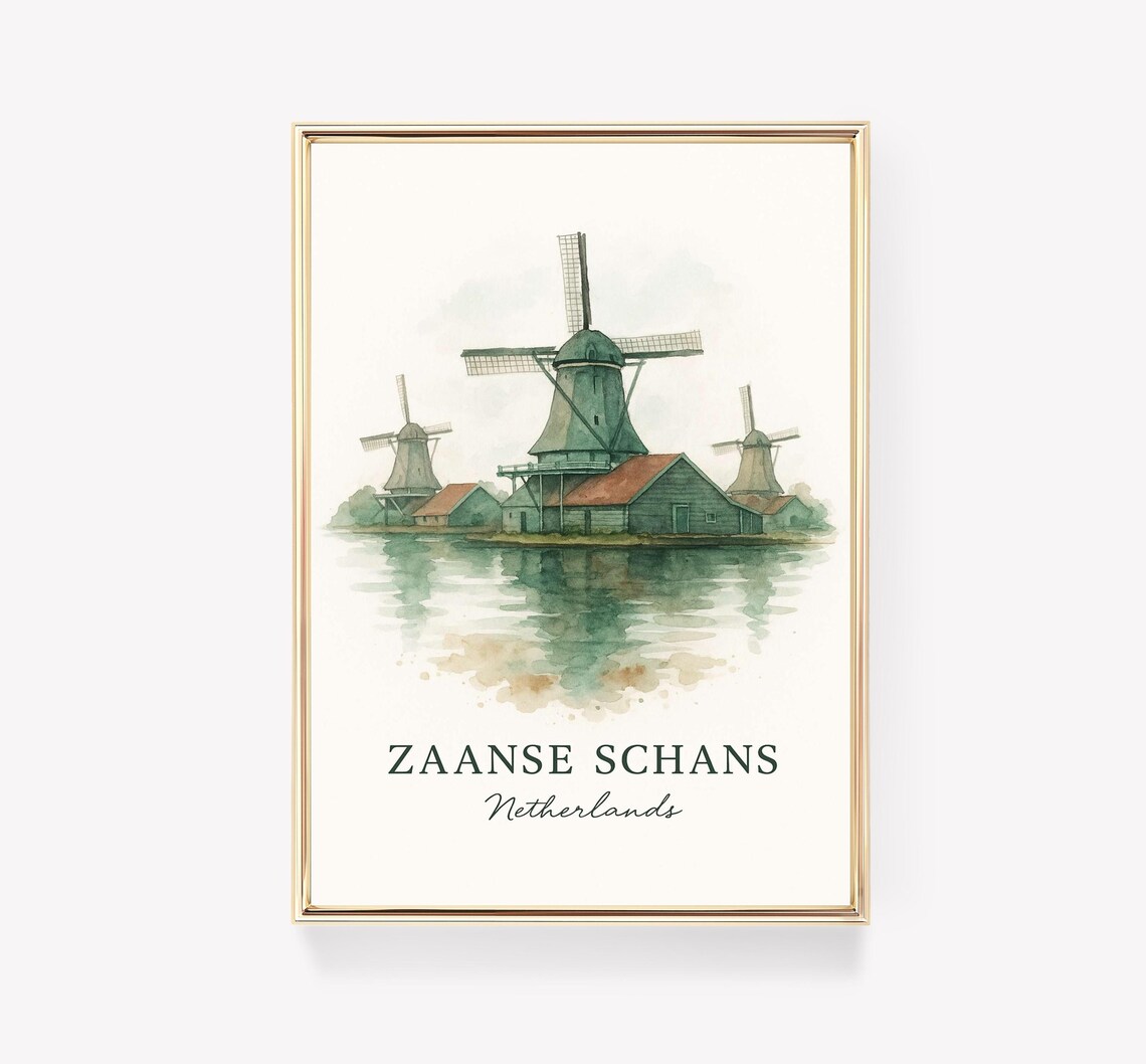 Zaanse Schans Netherlands Dutch Windmills Watercolor Travel Poster