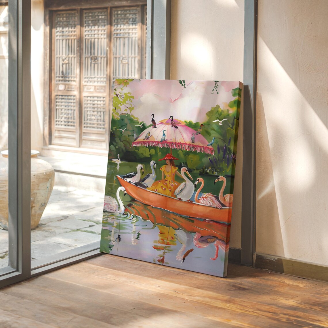 Lady in Orange Canoe with Swans, Flamingos and Pink Parasol Poster