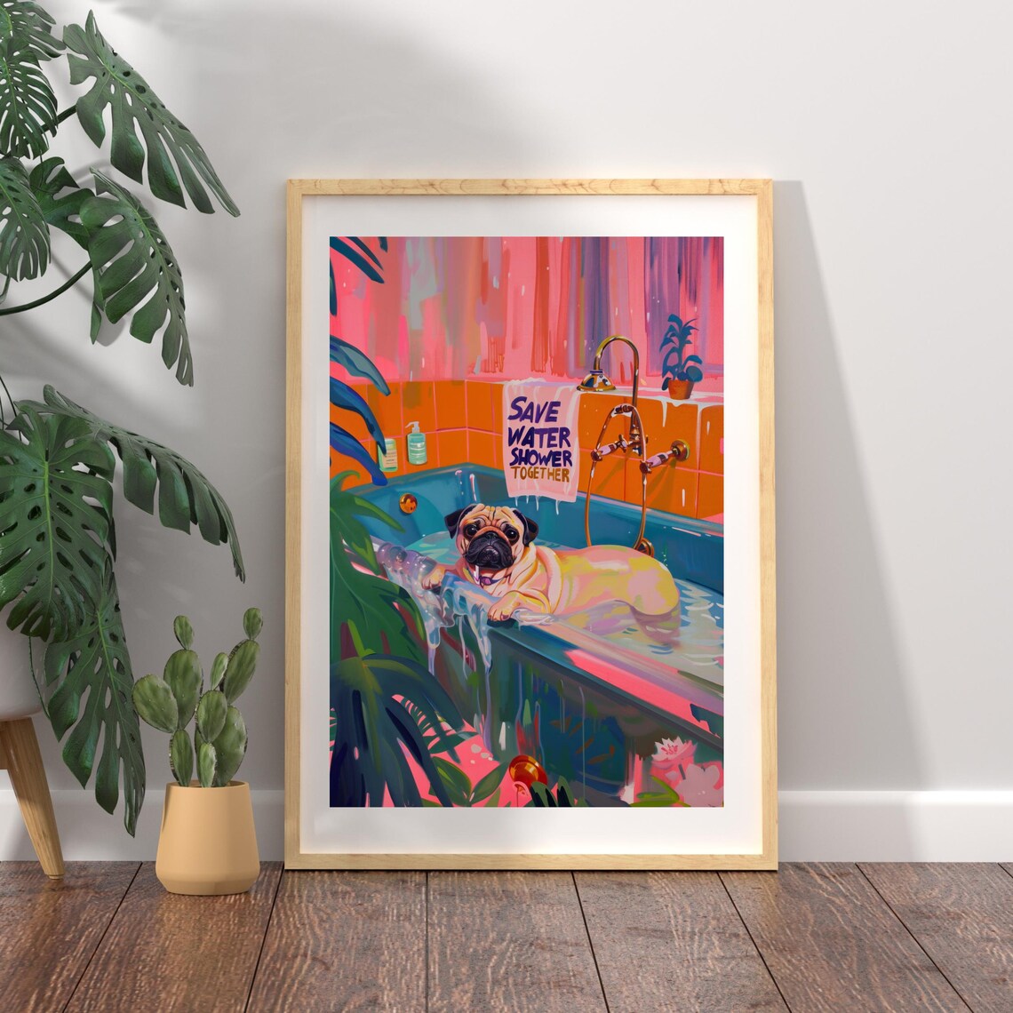 Cute Pug In Bathtub, Matisse-Inspired Bathroom Poster