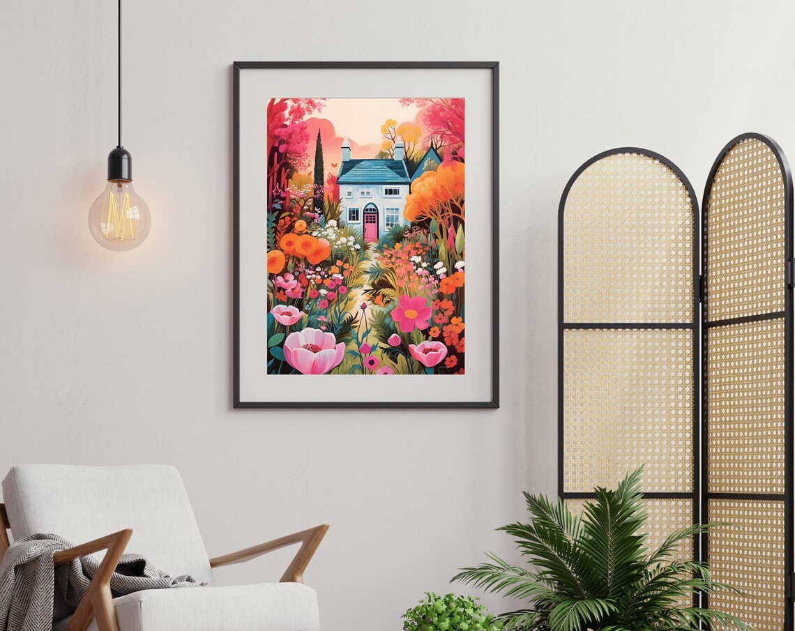Cottage With a Pink Door Hidden in Blooming Flower Garden Art Poster - Image 2