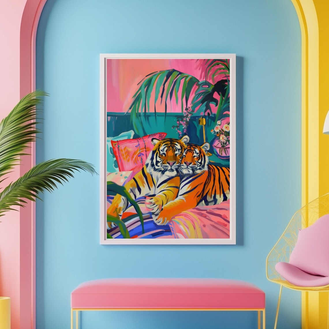 Two Tigers Cuddling Together on a Pink Sofa in a Tropical Room Poster