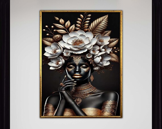 Luxurious Black And Gold Floral Goddess Elegant Portrait Art Poster