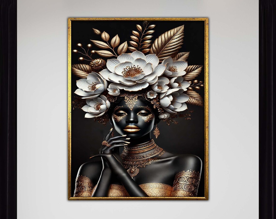 Luxurious Black And Gold Floral Goddess Elegant Portrait Art Poster