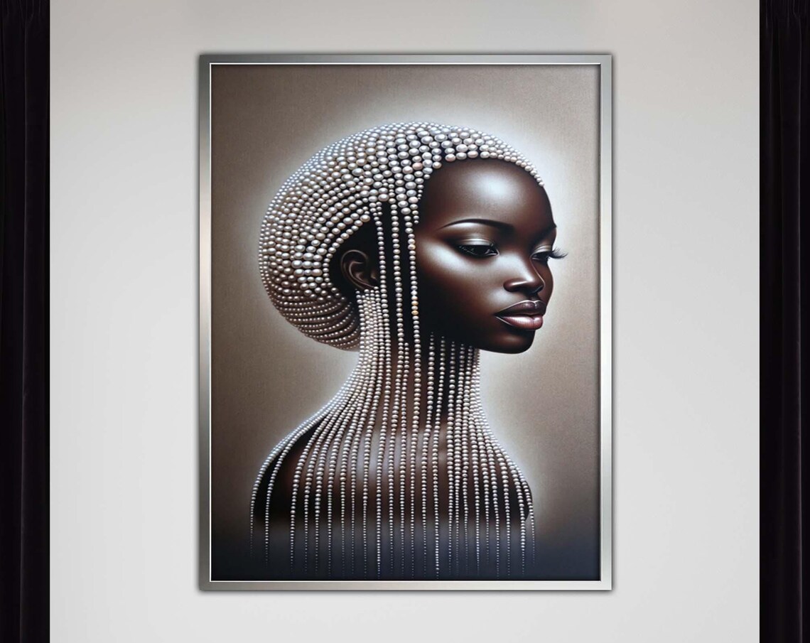 African Woman Pearl Hair Elegant Monochrome Portrait Art Poster