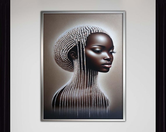 Pearl Adorned Elegance African Woman Portrait Modern Afro Art Black Beauty Canvas Luxurious Wall Ready To Hang