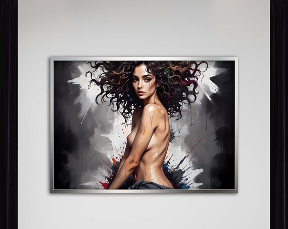 Wild Curly Haired Nude Woman Painterly Splash Portrait Poster