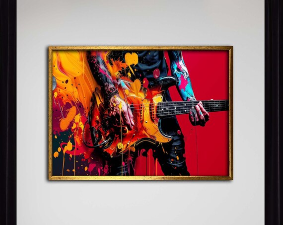 Electric Guitar Player Paint Splash Music Rock Star Vibrant Wall Art