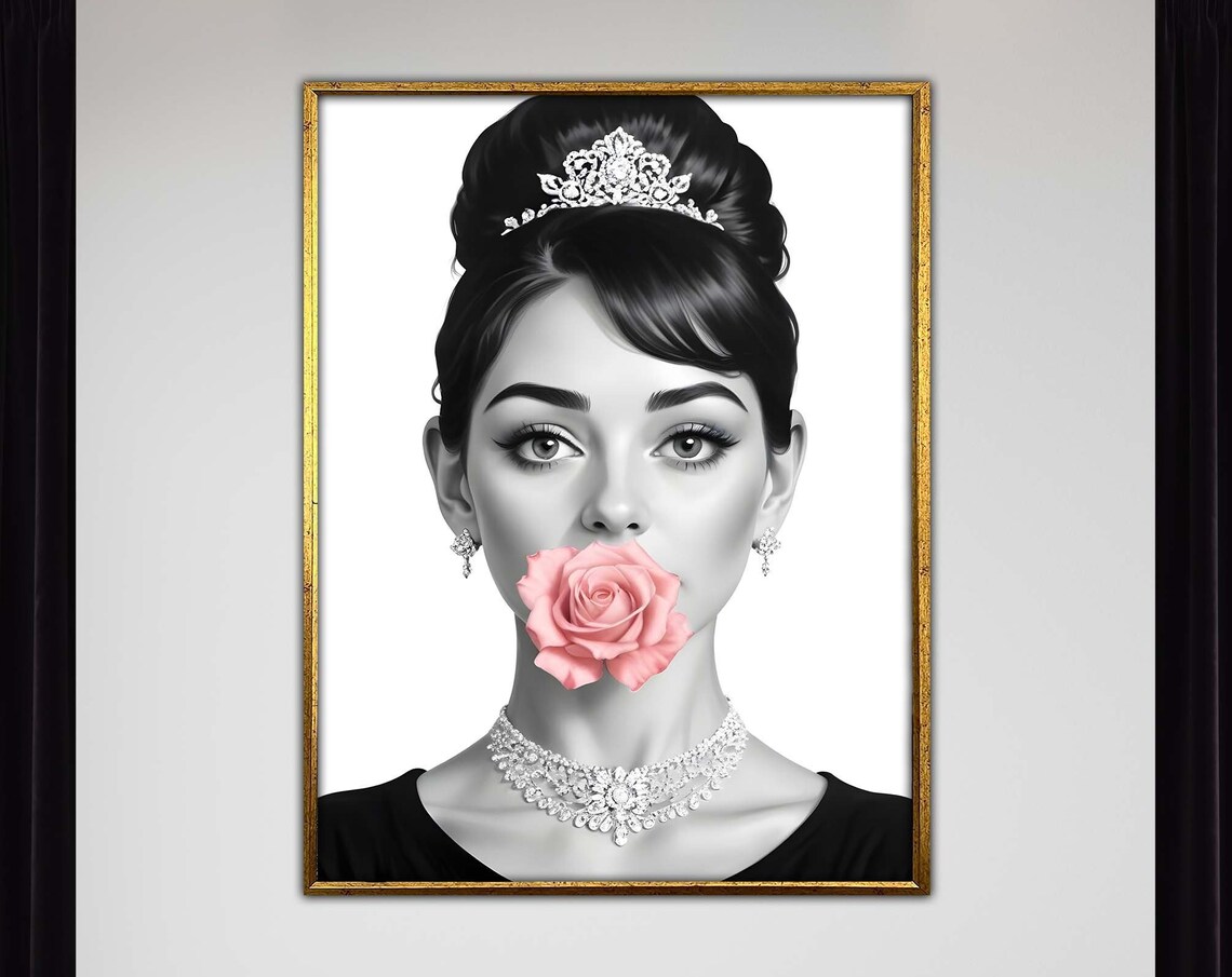 Audrey Hepburn Tiara Pink Rose Portrait Black White Art Poster