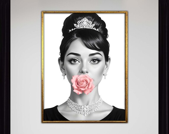 Audrey Hepburn Tiara Pink Rose Portrait Black White Art Poster
