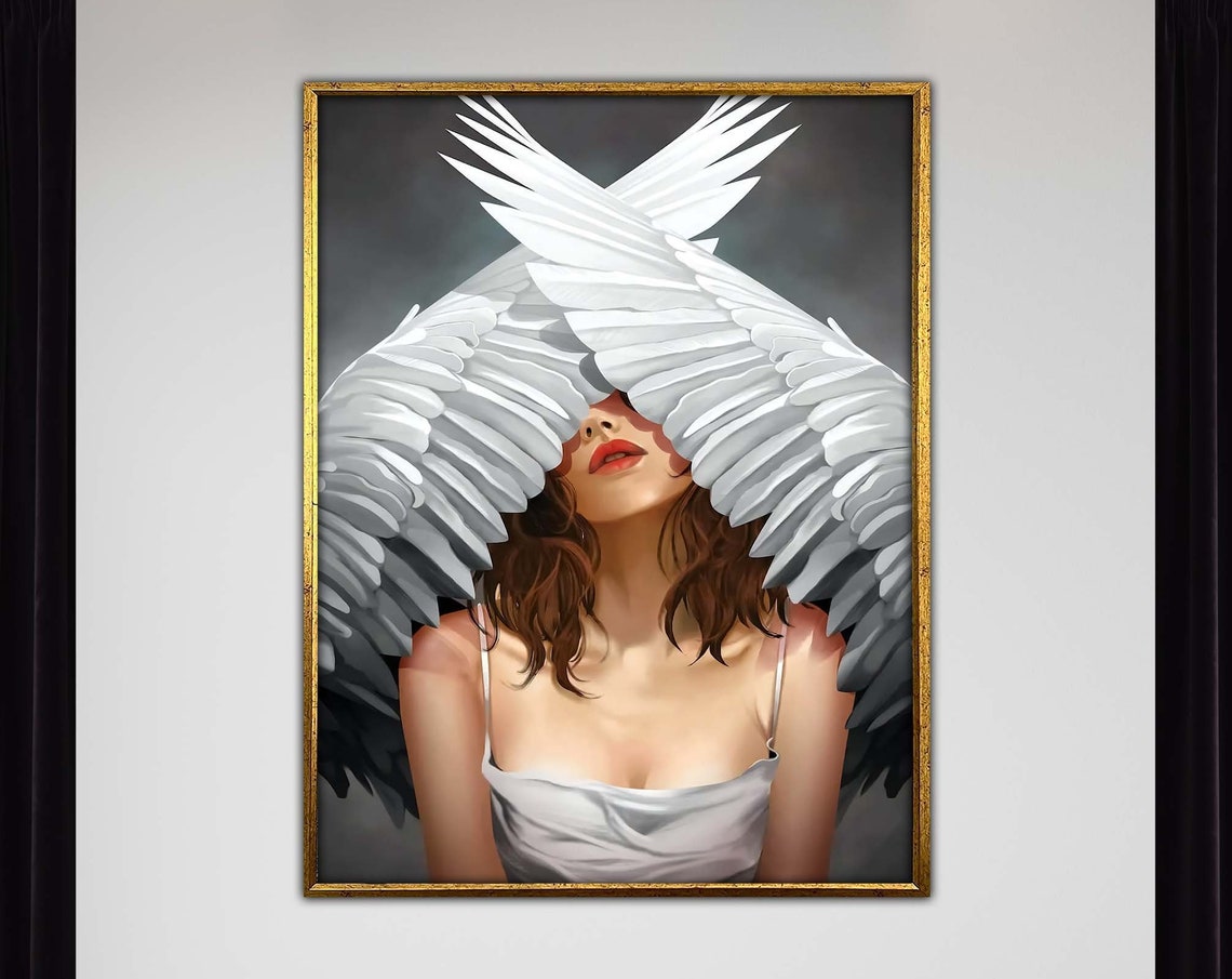 Woman Veiled Behind White Angel Wings Ethereal Gothic Art Poster