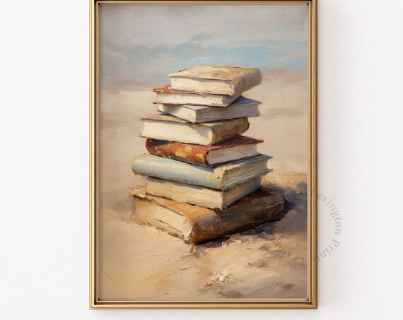 Stack of Books on a Sandy Beach Bookish Summer Painting Poster