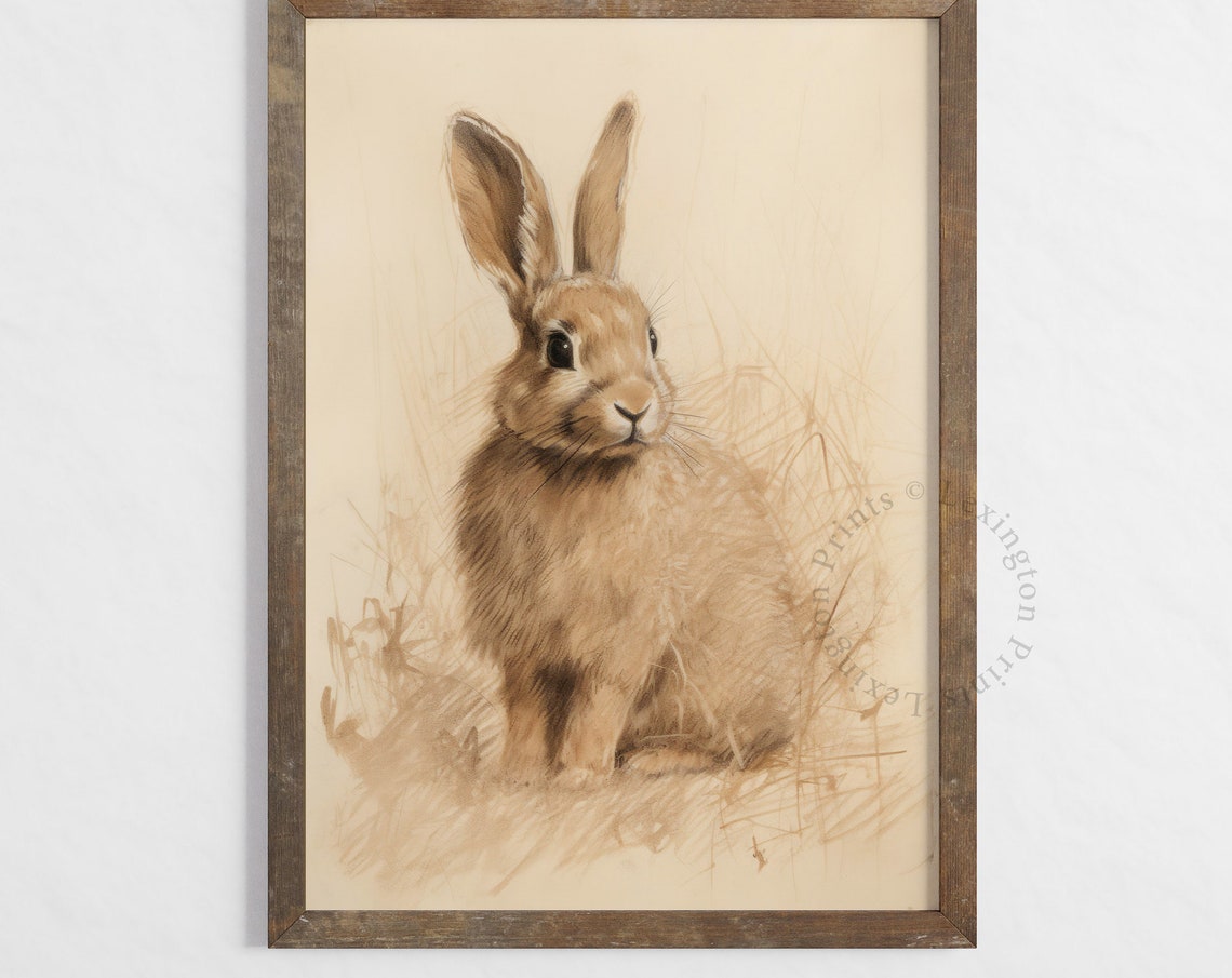 Brown Rabbit Meadow Sketch Vintage Wildlife Drawing Style Poster