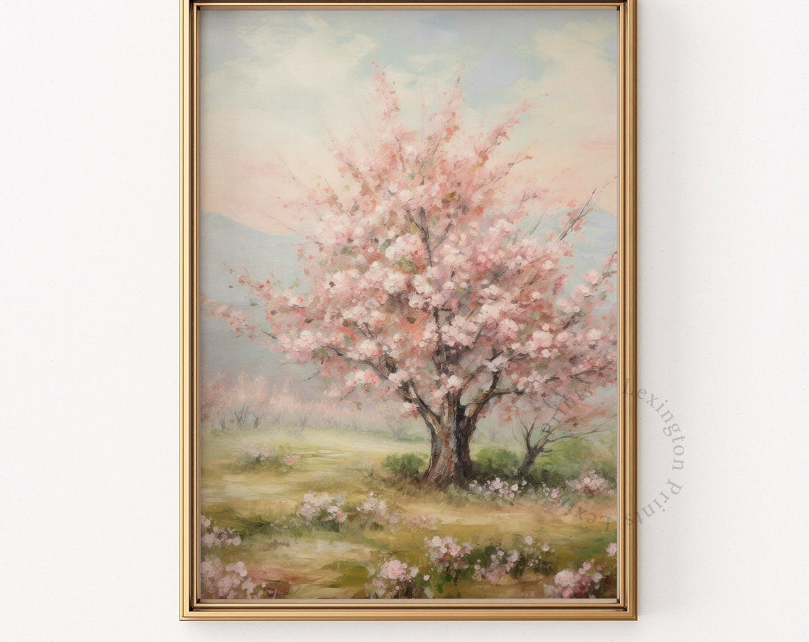 Spring Cherry Blossom Tree Vintage Floral Meadow Painting Poster