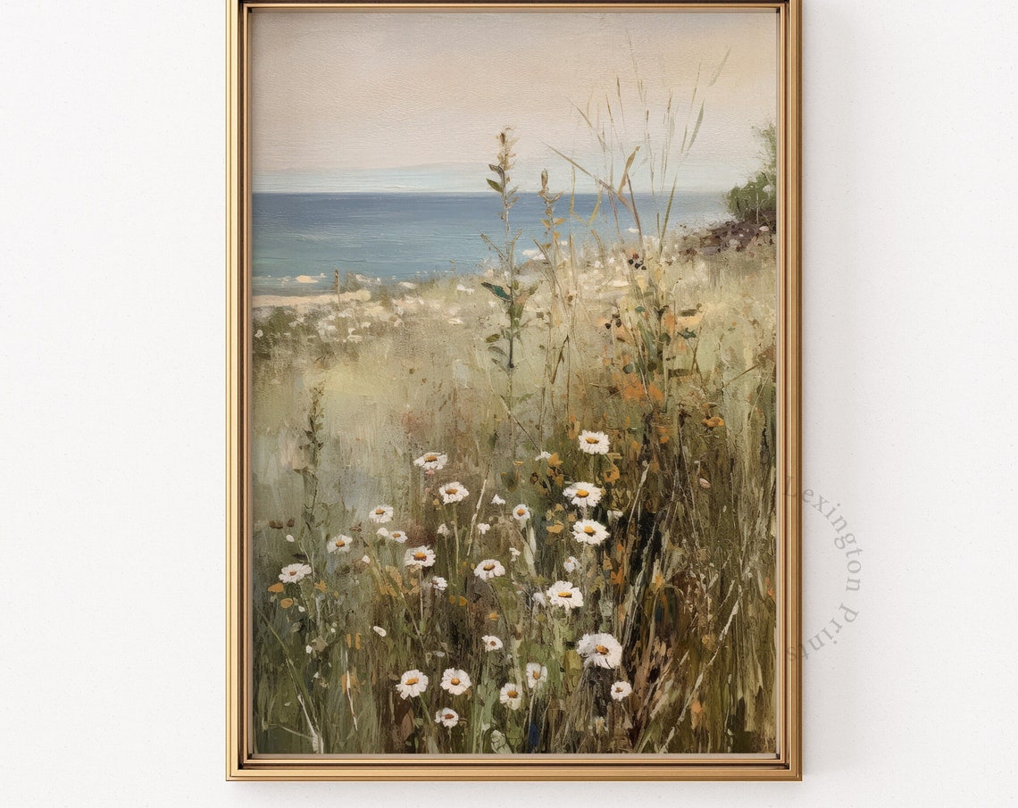 Coastal Daisy Meadow by the Sea Summer Breeze Wildflower Poster