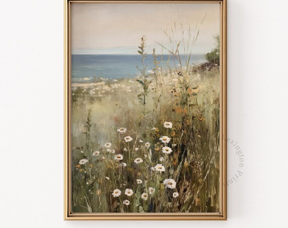 Coastal Daisy Meadow by the Sea Summer Breeze Wildflower Poster