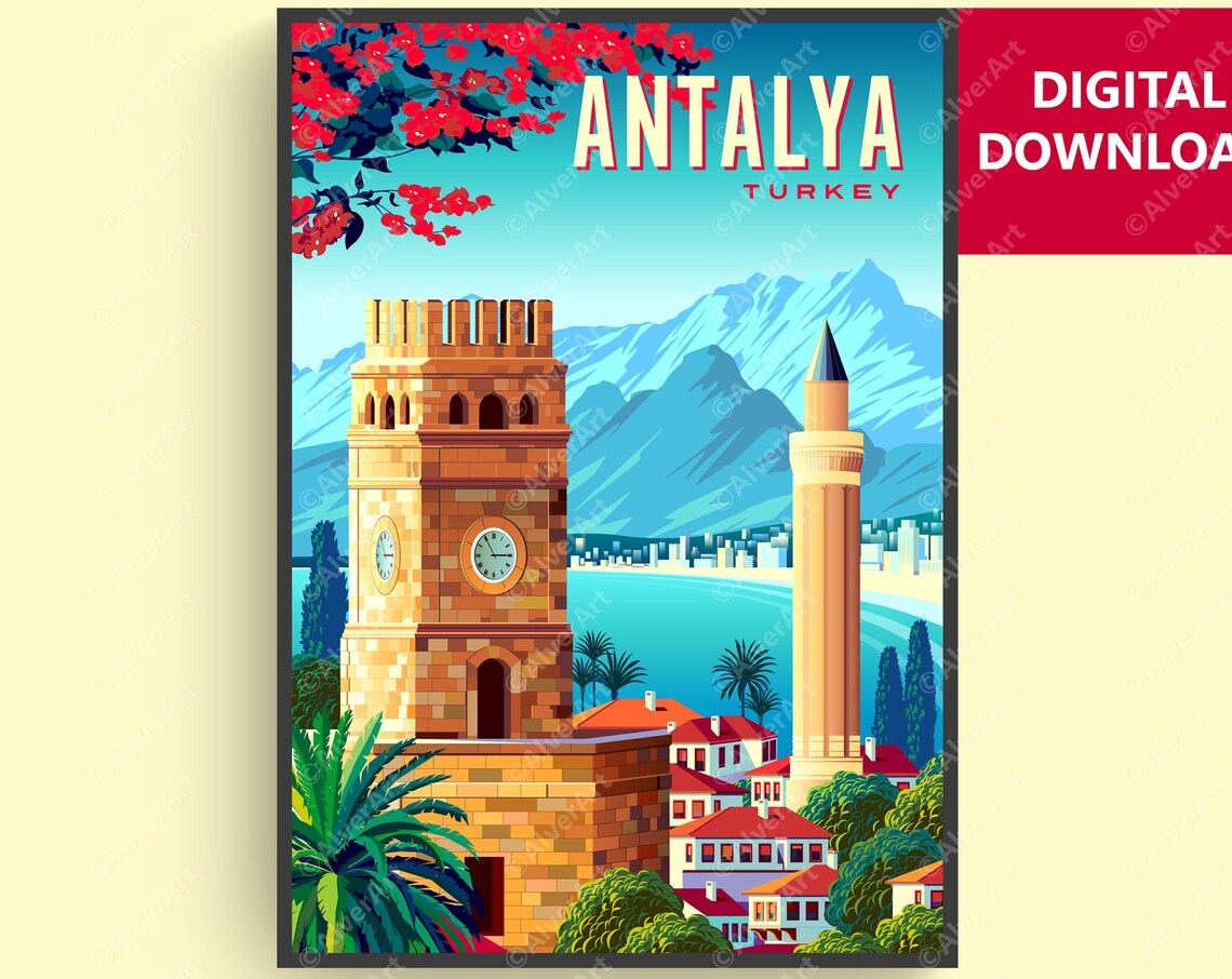Antalya Turkey Clock Tower Minaret Coastal Mountain Travel Poster