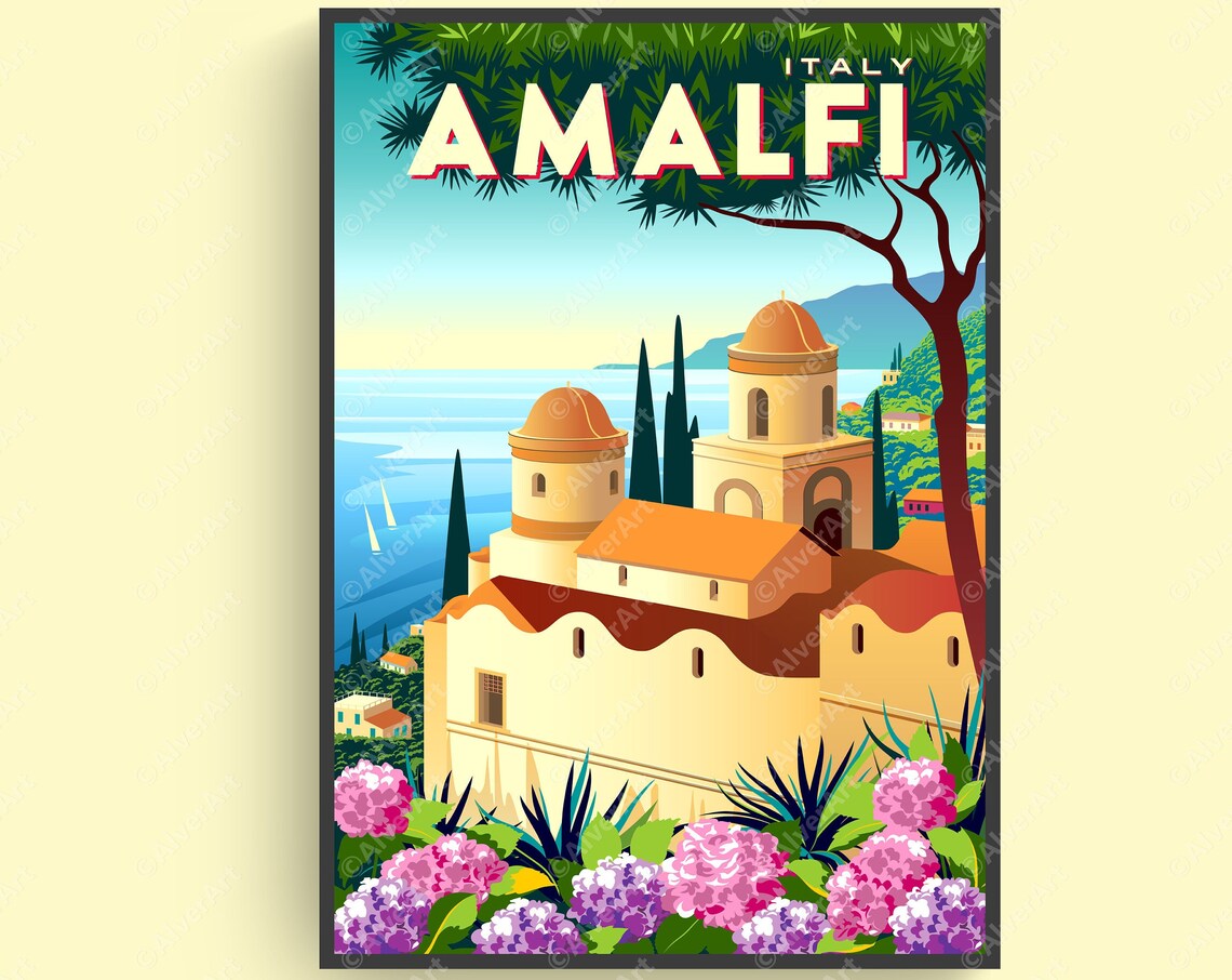 Amalfi Italy Coast Church Domes Sea View Vintage Travel Poster