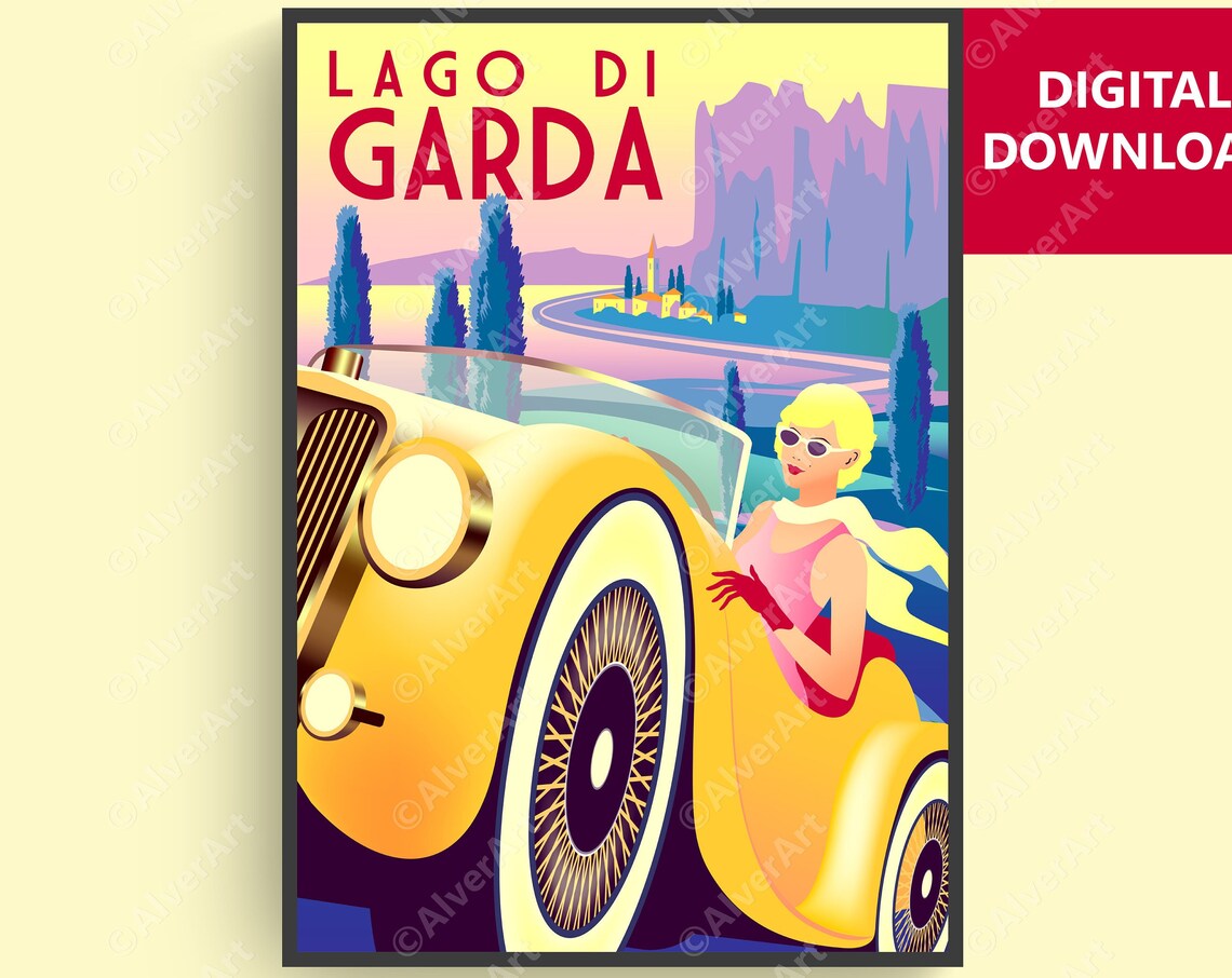 Lago di Garda Retro Art Deco Woman Vintage Car Lakeside Poster
