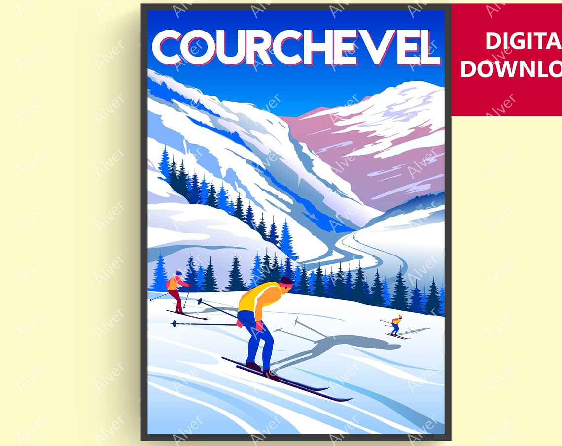 Courchevel French Alps Skiers Snowy Slopes Vintage Travel Poster