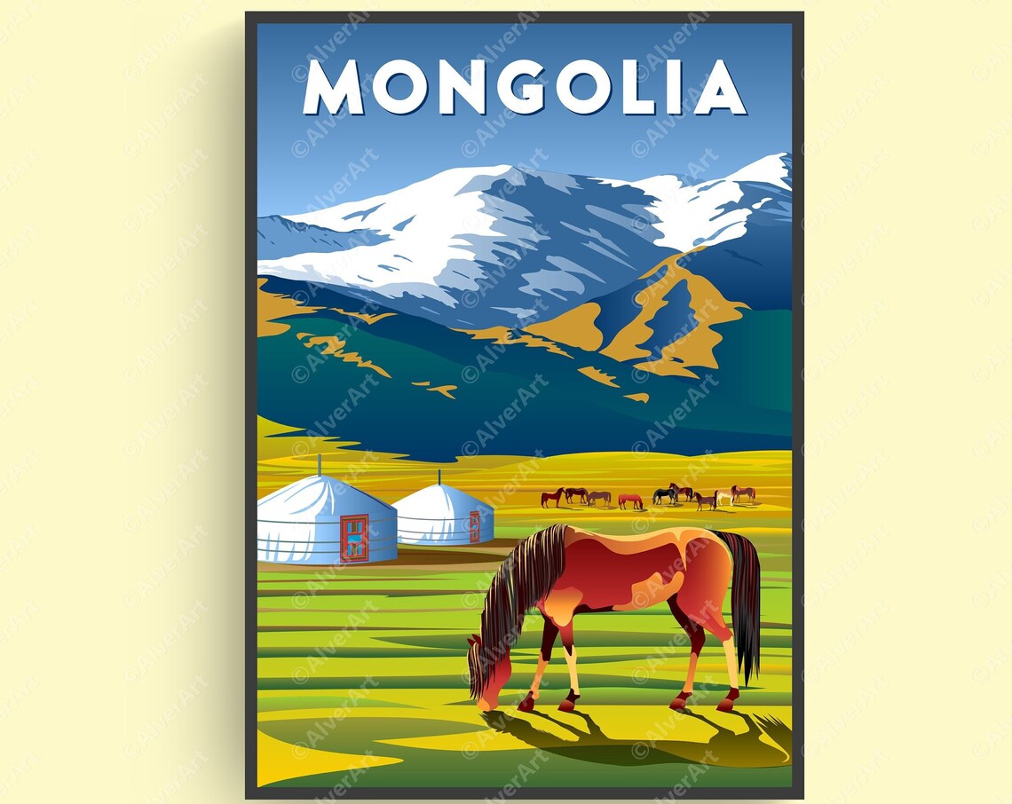 Mongolia Steppe Horse Gers Snowy Mountains Vintage Travel Poster