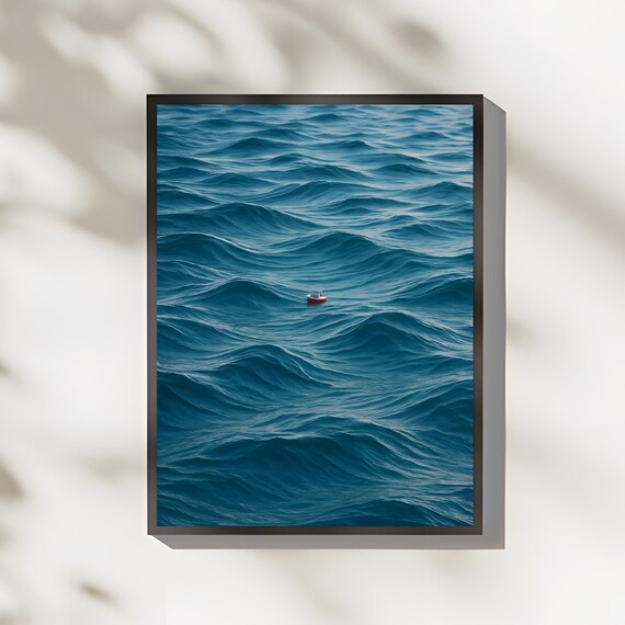 Lone Red Boat On Vast Blue Ocean Waves Minimal Seascape Art Poster