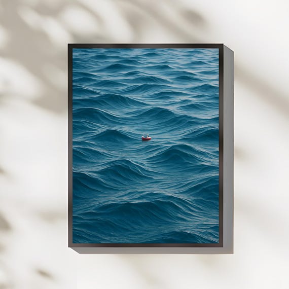 Red Fishing Boat Lost At Sea Wall Art Open Ocean Painting Modern Abstract