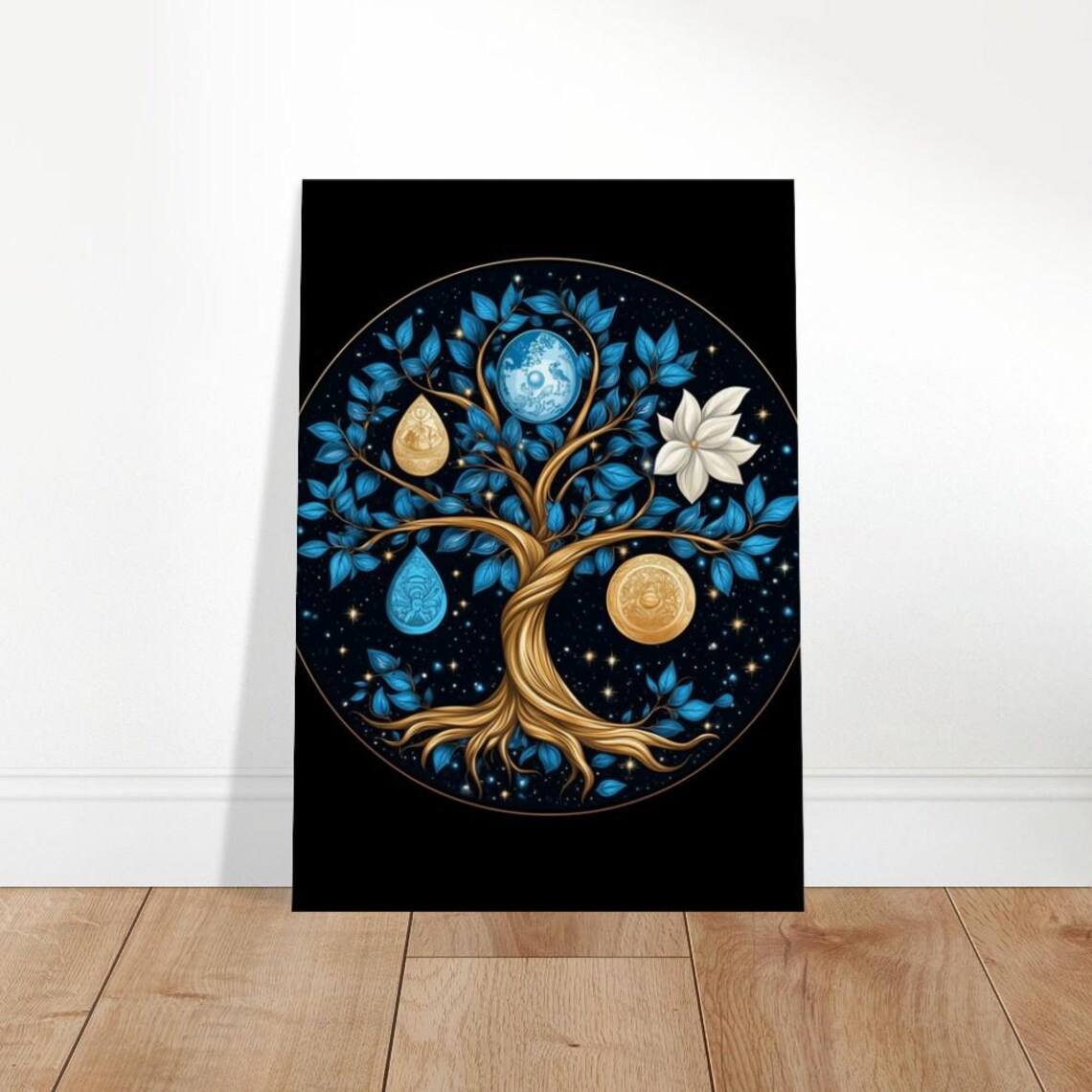 Cosmic Tree Of Life Blue Gold Starry Celestial Mandala Art Poster