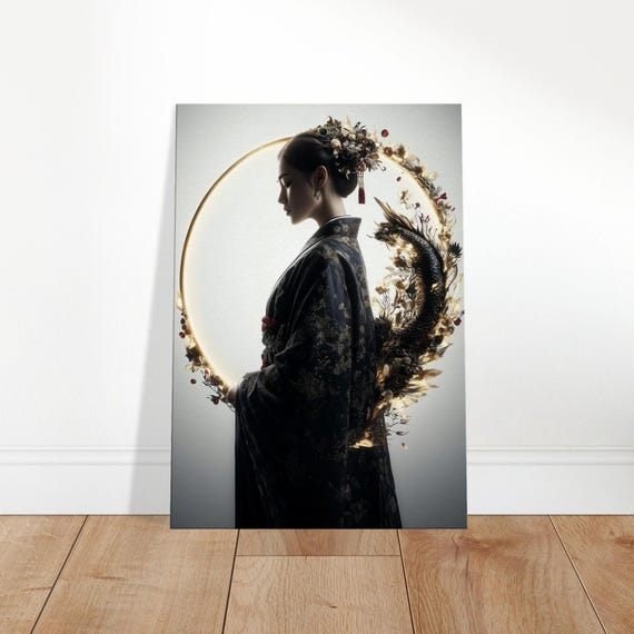 East Asian Elegance Canvas Print Modern Kimono Wall Art Golden Dragon Aura Decor Global Heritage Home