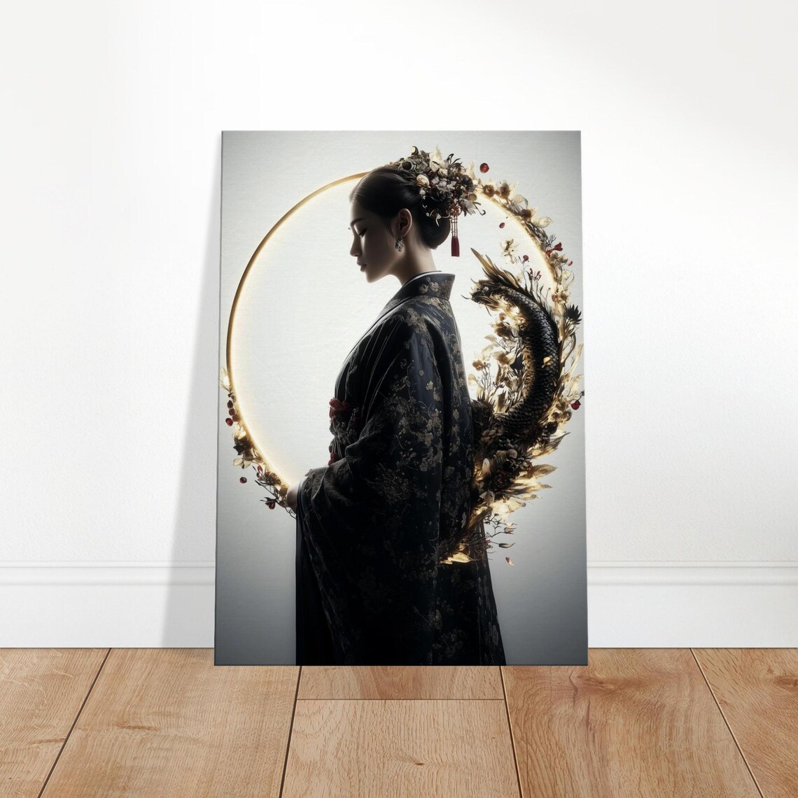 Elegant Kimono Woman Golden Dragon Halo East Asian Art Poster