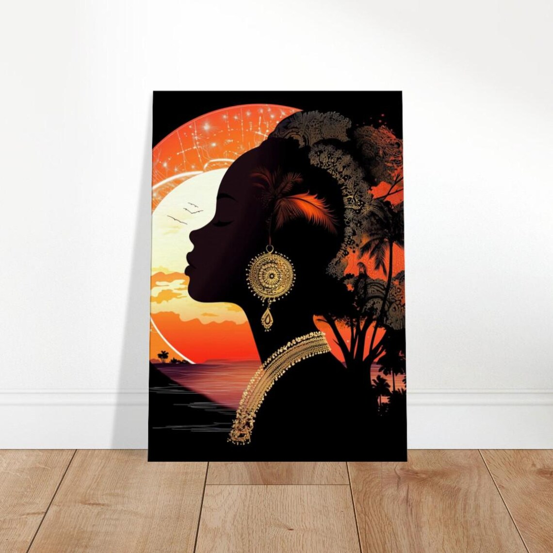 African Sunset Silhouette Woman Profile Gold Jewelry Art Poster