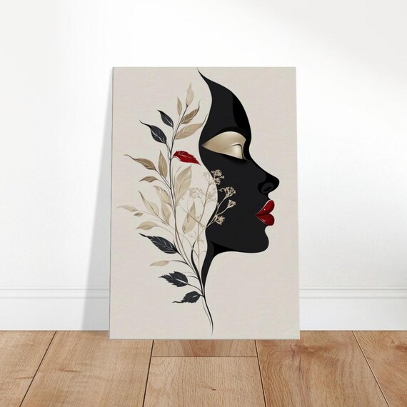 Woman Floral Profile Silhouette Elegant Botanical Black Gold Art Poster