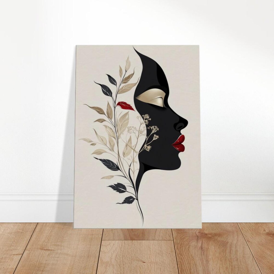Woman Floral Profile Silhouette Elegant Botanical Black Gold Art Poster