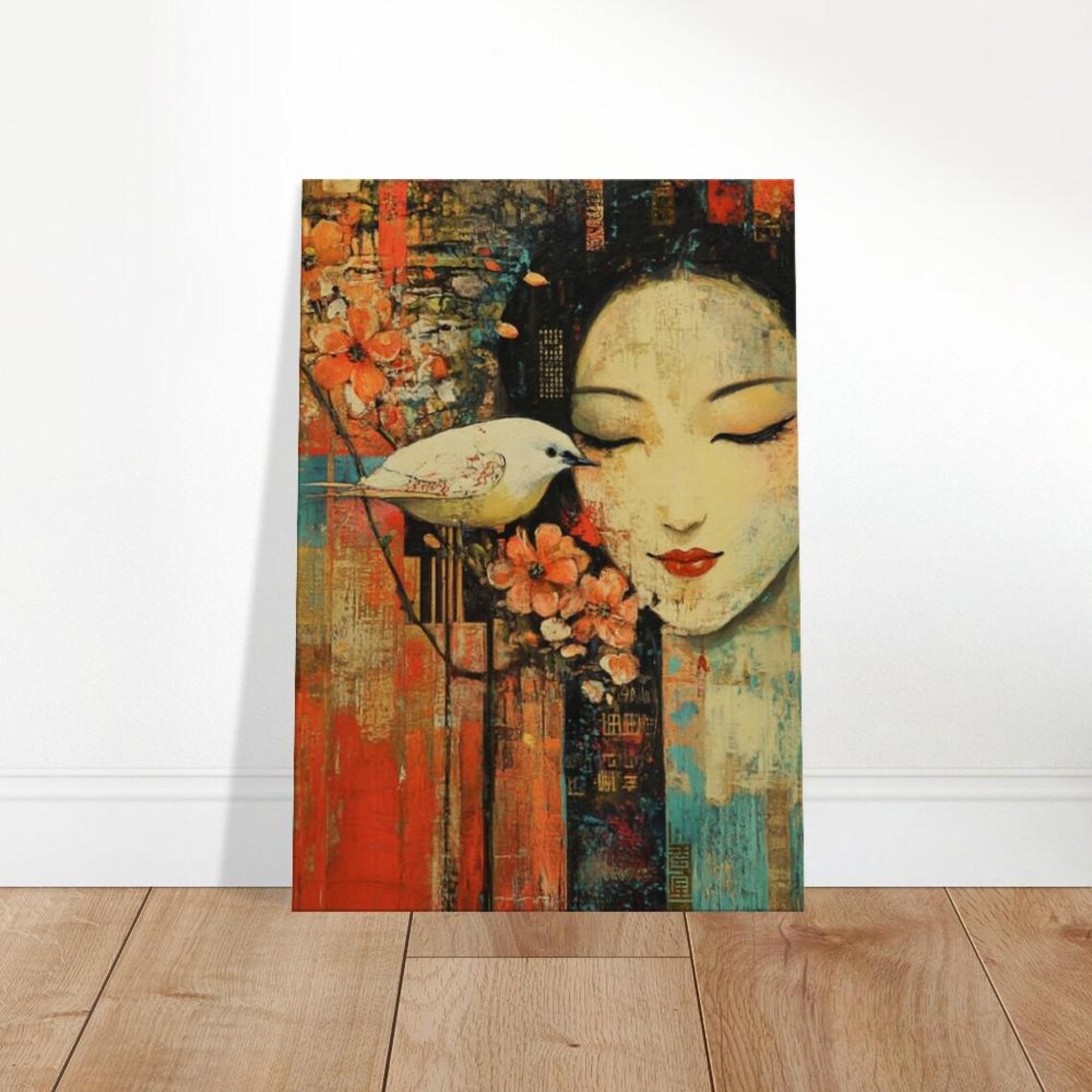 Serene Asian Woman White Bird Cherry Blossoms Textured Art Poster