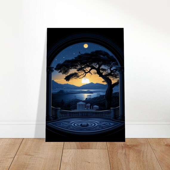 Moonlit Mediterranean Terrace Pine Tree Classical Ruins Night Poster