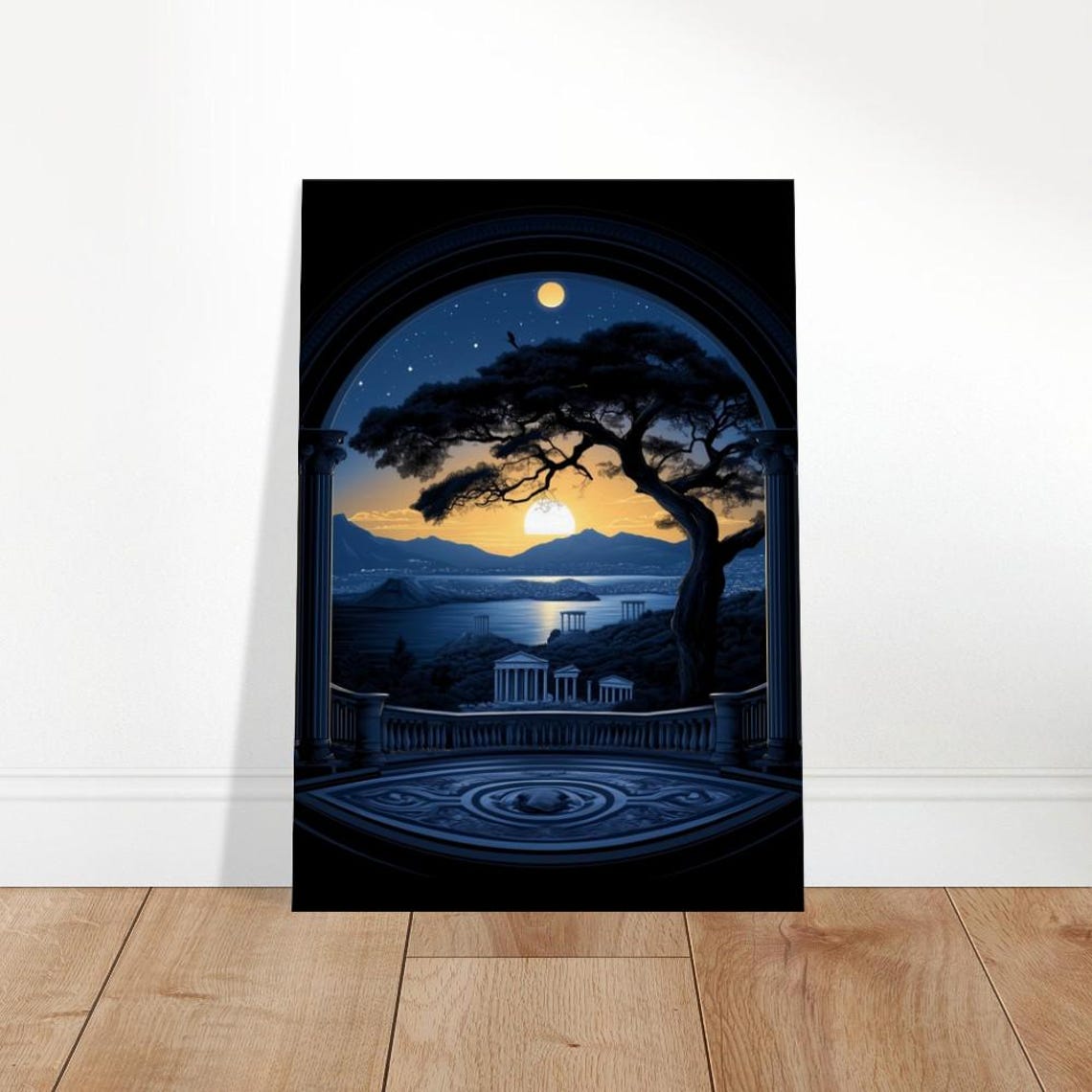 Moonlit Mediterranean Terrace Pine Tree Classical Ruins Night Poster