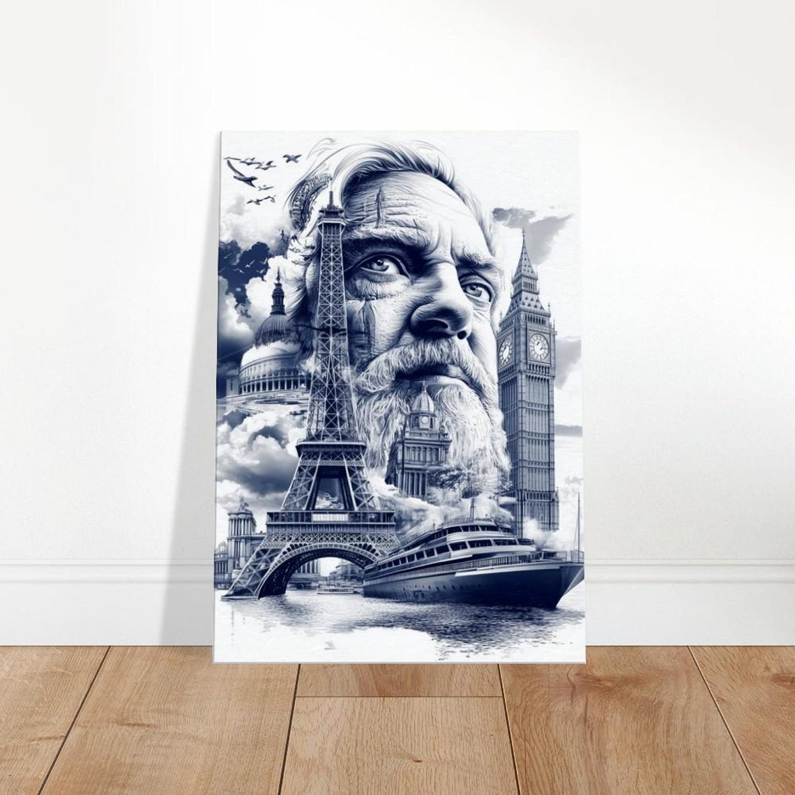 Old Man Face Eiffel Tower Big Ben Landmarks Surreal Ink Drawing Print