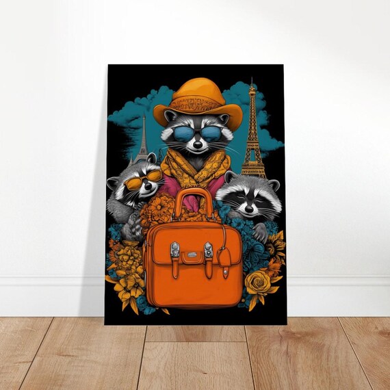 Stylish Raccoon Travelers Canvas Quirky Animal Portrait Modern Decor