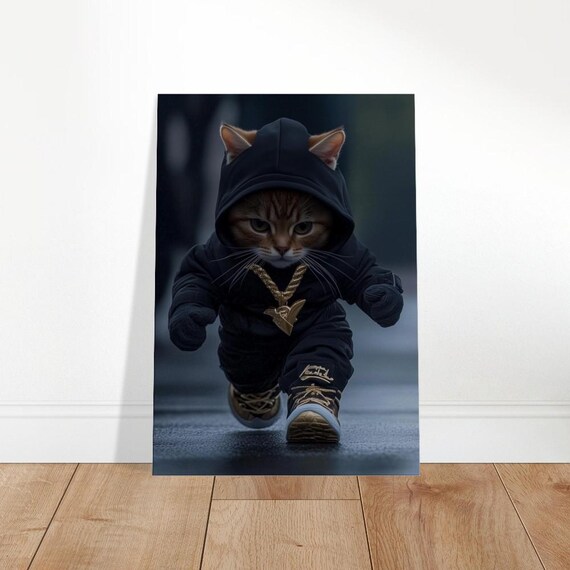 Cool Cat In Black Hoodie Gold Chain Urban Streetwear Animal Poster