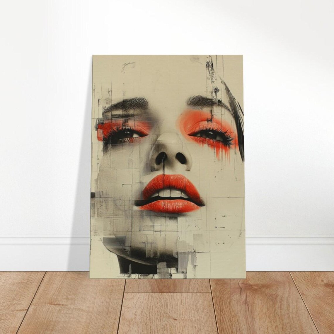 Bold Red Lips Grunge Portrait Woman Face Modern Fashion Art Print