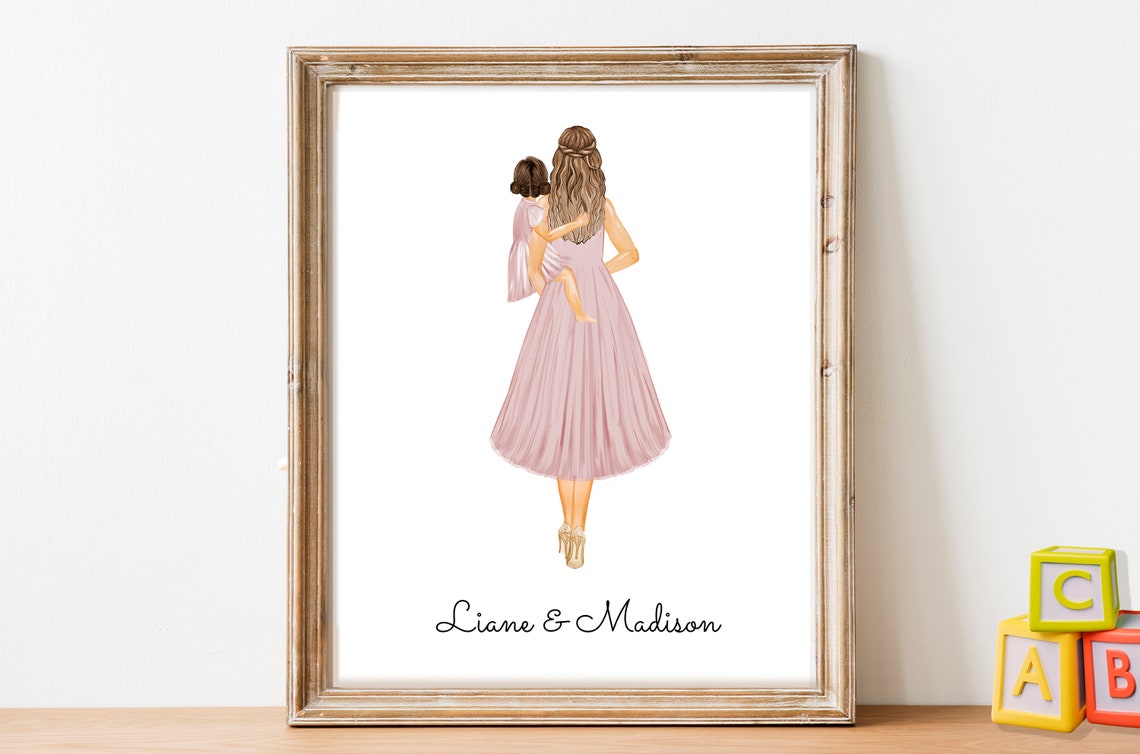 Personalized Mom and Daughter Strolling Together Portrait Poster