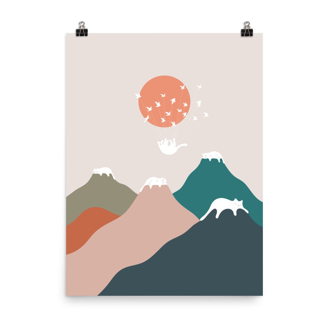 Sleeping White Cats on Colorful Mountains Red Sun Minimalist Poster