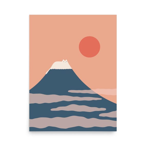 Mount Fuji Red Sun Minimalist Japanese Mountain Artwork Poster