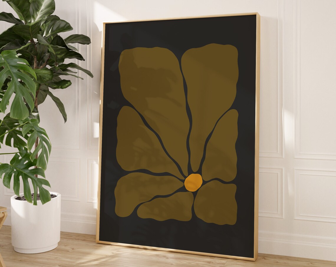 Moody Olive Abstract Flower Retro Yellow Center Dark Wall Art - Image 2