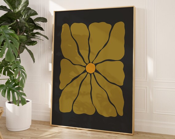 Mustard Gold Groovy Flower Black Background Retro Autumn Botanical Poster
