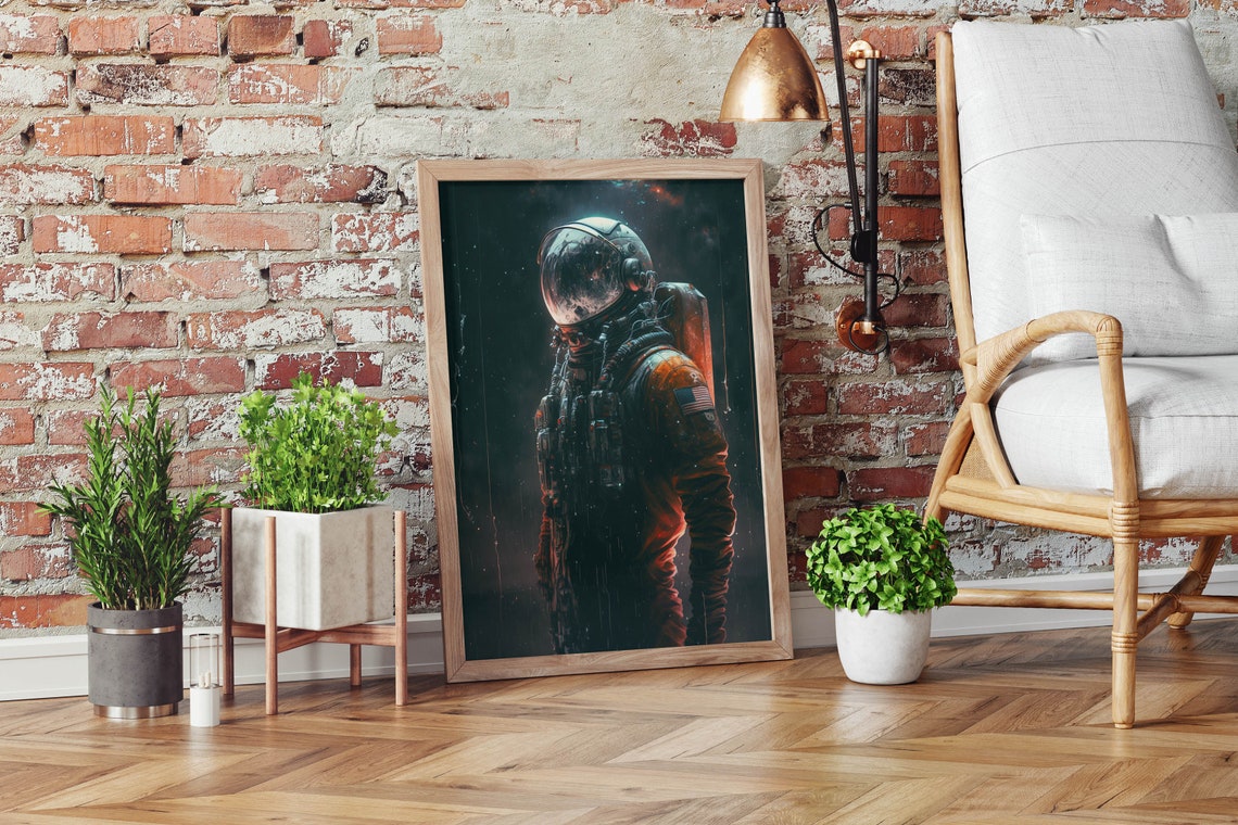 Astronaut in Rain Poster Dark Cinematic Space Night Mood Art - Image 2
