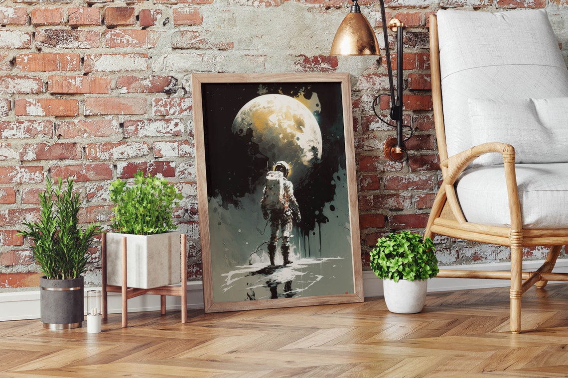 Astronaut Facing Giant Moon Poster Dark Ink Wash Reflective Floor Art - Image 2