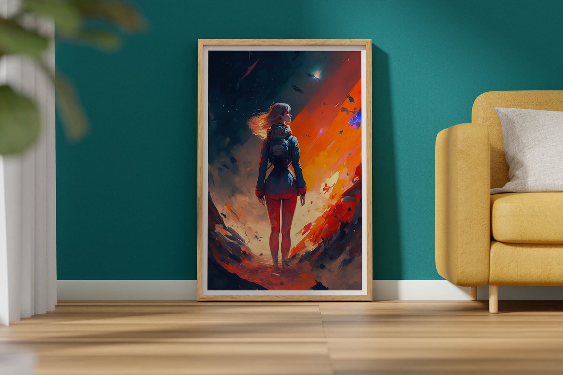 Sci Fi Astronaut Poster Woman in Space Fiery Nebula Galaxy Art - Image 2