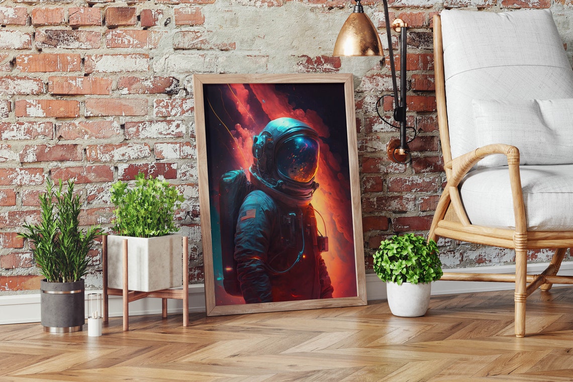 Astronaut In Red Nebula Poster Flag Patch Teal Helmet Space Artwork - Image 2