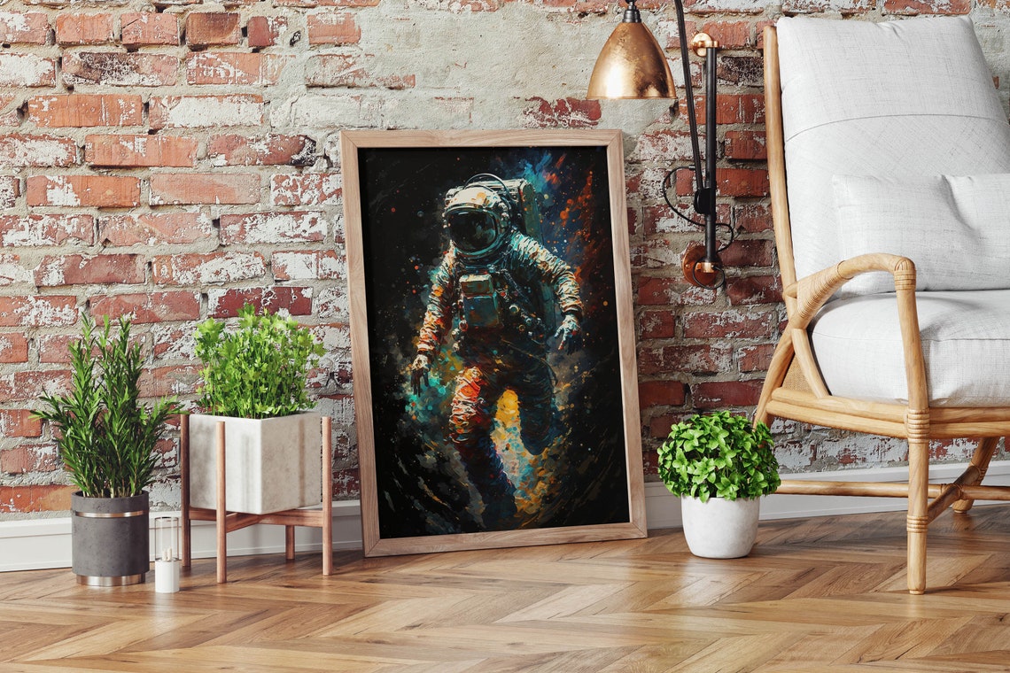 Abstract Astronaut Painted Poster Orange Teal Splatter Dark Space Art - Image 2